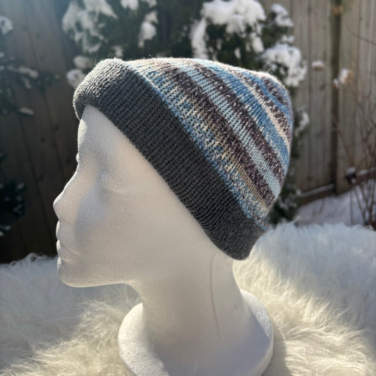 Handmade Reversible 100% merino wool hat Blue/Grey