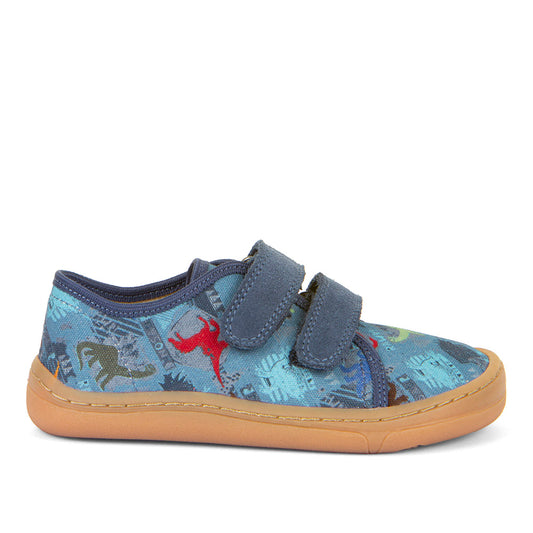 Barefoot Canvas - Dark Denim with Dinosaur Print