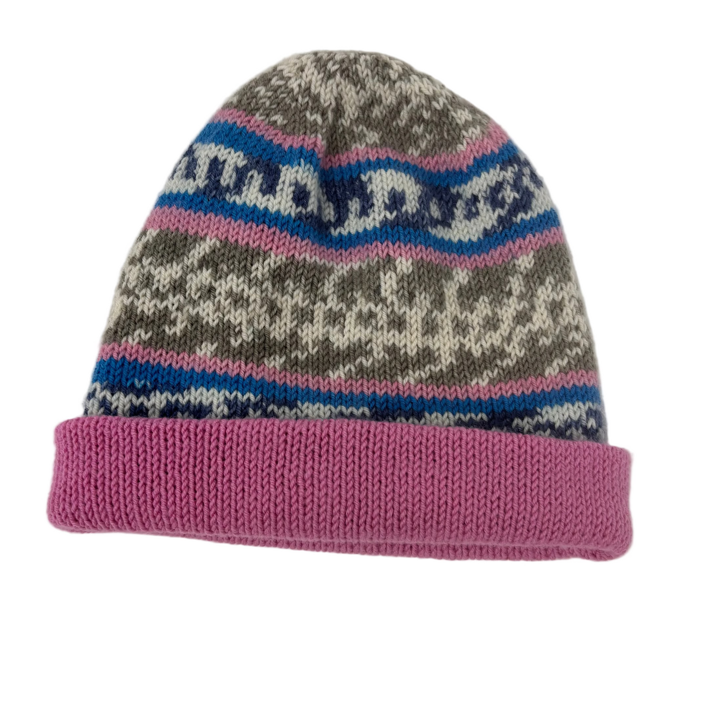 A hand-knit beanie hat featuring a multicolor Fair Isle pattern with gray, pink, blue, and white stripes - reversible, wear it folded or not