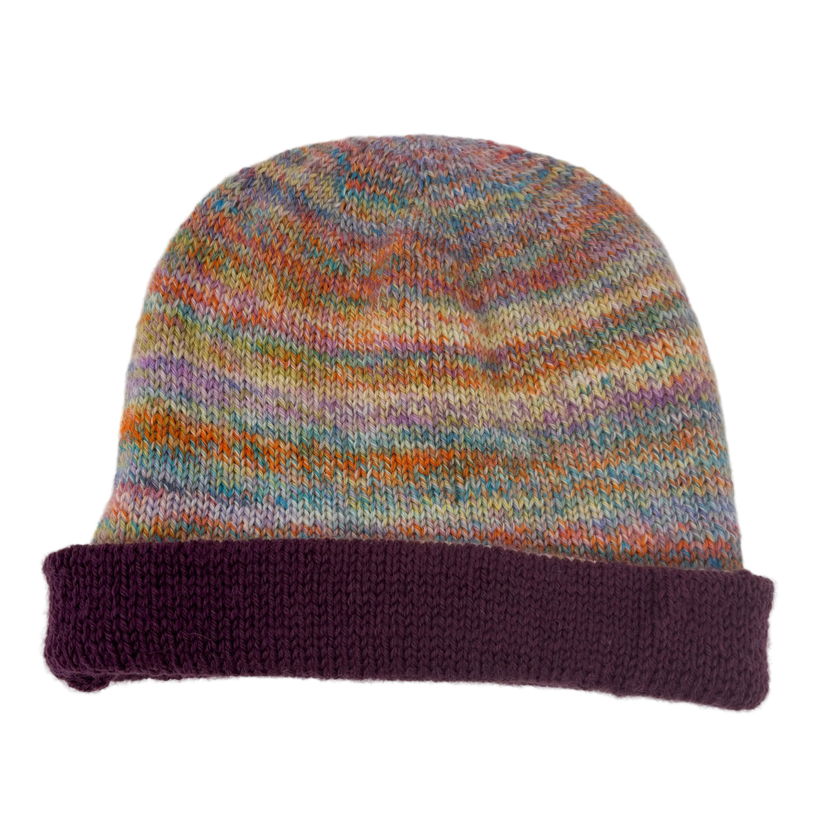 Handmade 100% Merino Wool Reversible Kids’ Hat – Purple/Multicolour