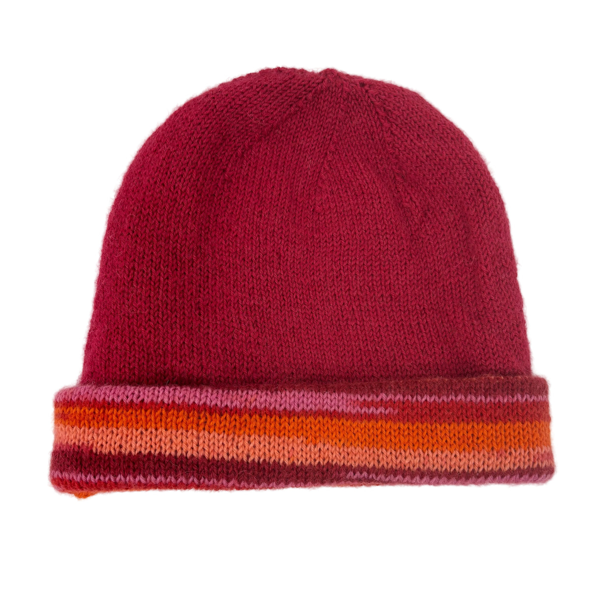 Handmade 100% Merino Wool Reversible Women’s Hat – Pink Multicolour Stripe
