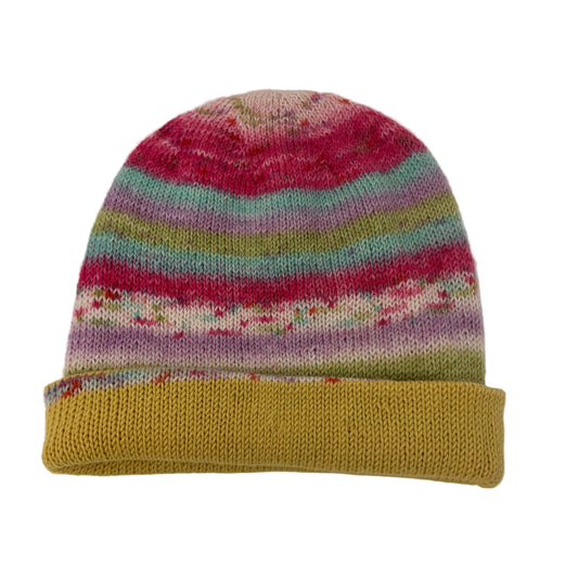 Handmade 100% Merino Wool Reversible Women’s Hat – Yellow-Green Multicolour Stripe