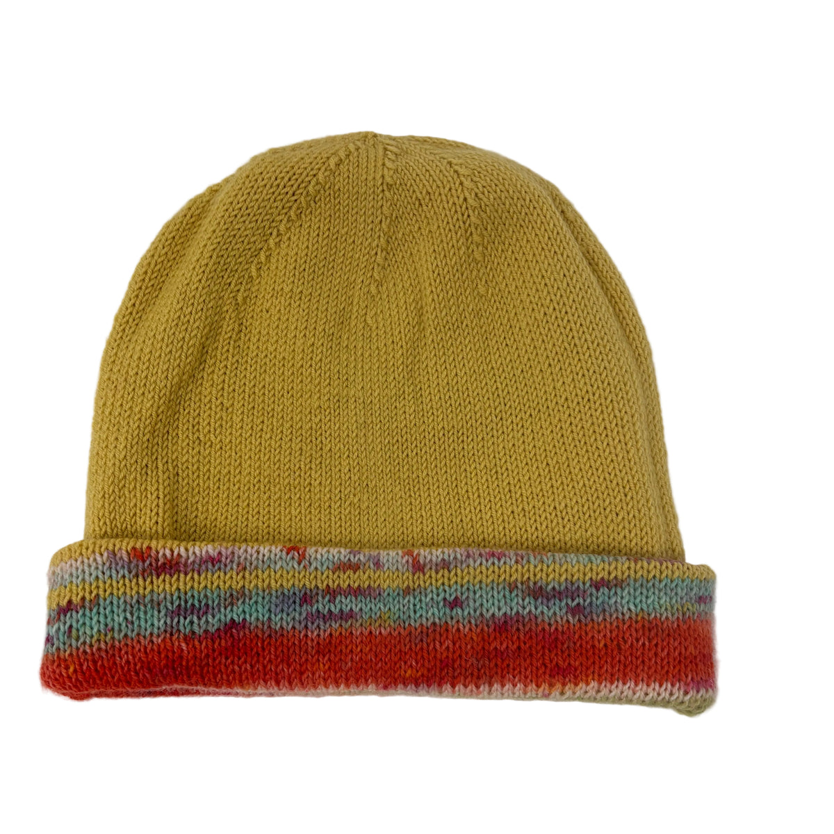 Handmade 100% Merino Wool Reversible Women’s Hat – Yellow-Green Multicolour Stripe
