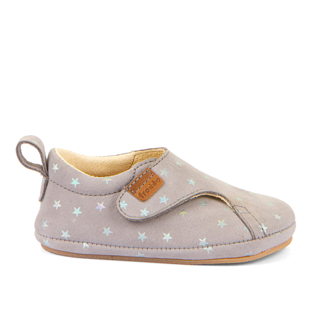 Barefoot Prewalkers – Single Velcro Leather Baby Shoes in Grey with Silver Stars
