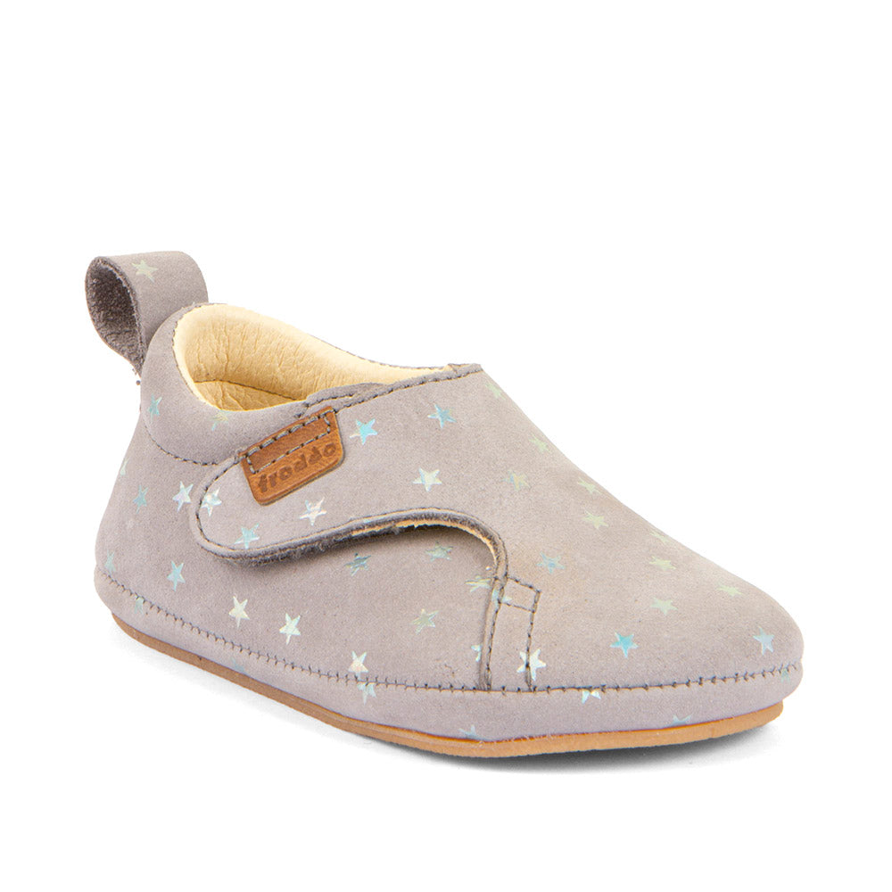 Barefoot Prewalkers – Single Velcro Leather Baby Shoes in Grey with Silver Stars