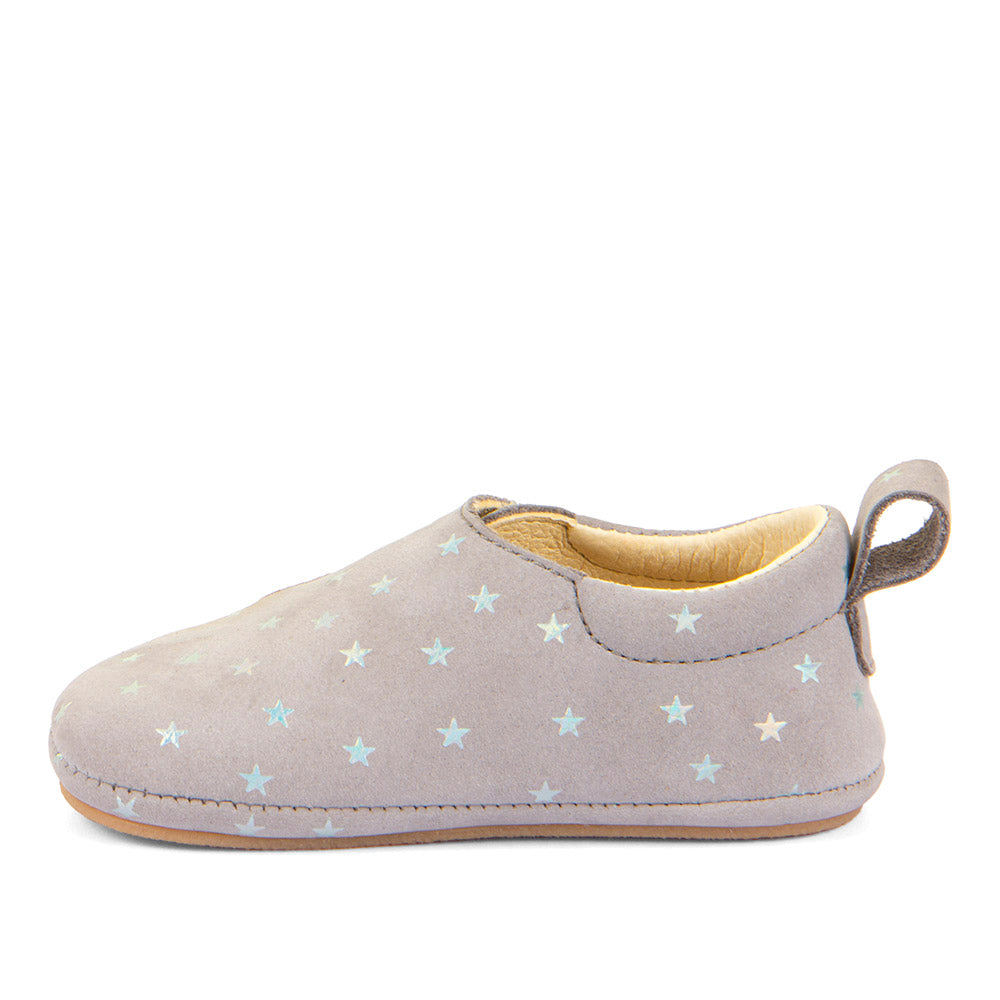 Barefoot Prewalkers – Single Velcro Leather Baby Shoes in Grey with Silver Stars