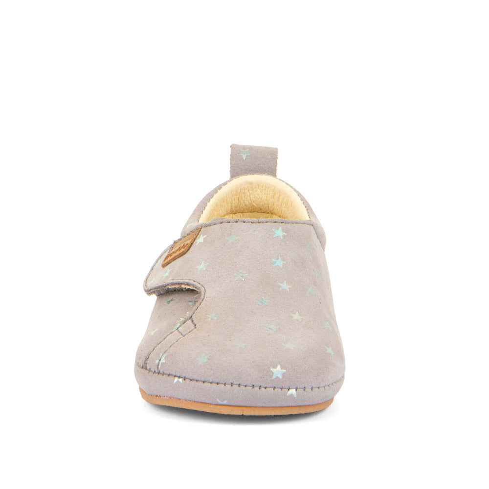 Barefoot Prewalkers – Single Velcro Leather Baby Shoes in Grey with Silver Stars