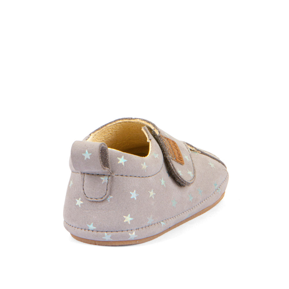 Barefoot Prewalkers – Single Velcro Leather Baby Shoes in Grey with Silver Stars