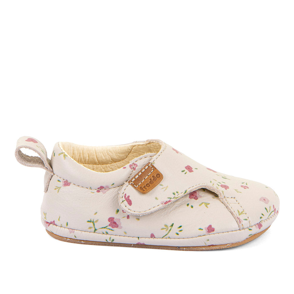 Barefoot Prewalkers - Single Velcro Leather Baby Shoes in Beige with Floral print