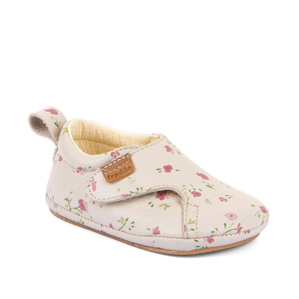 Barefoot Prewalkers - Single Velcro Leather Baby Shoes in Beige with Floral print