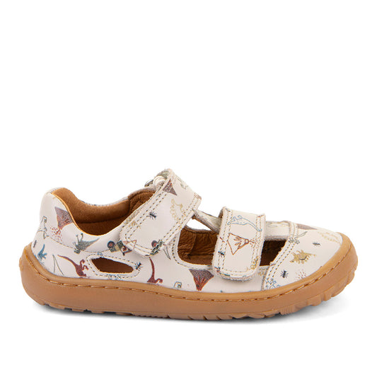 Barefoot Leather Sandals in Beige with Dinosaur Print