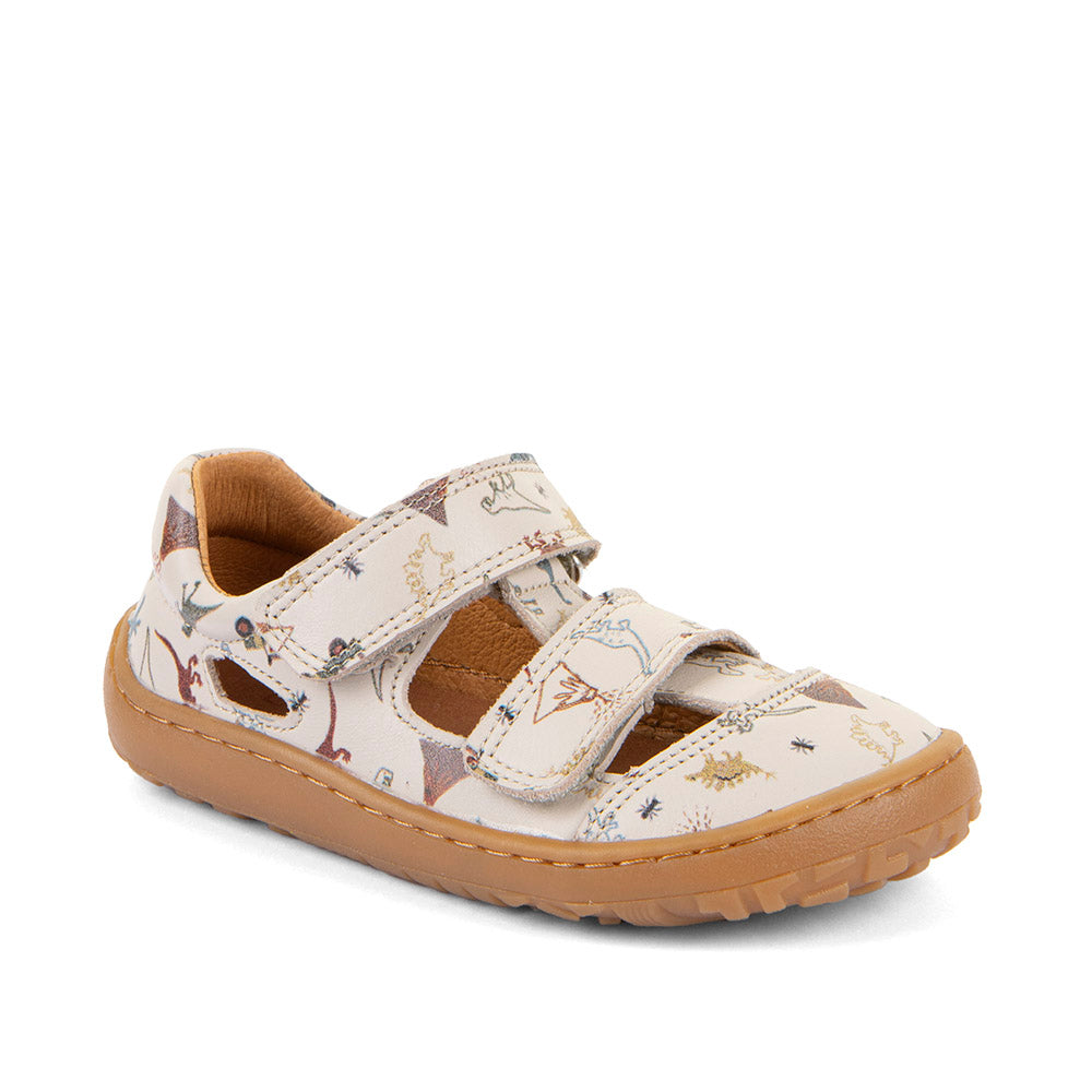 Barefoot Leather Sandals in Beige with Dinosaur Print