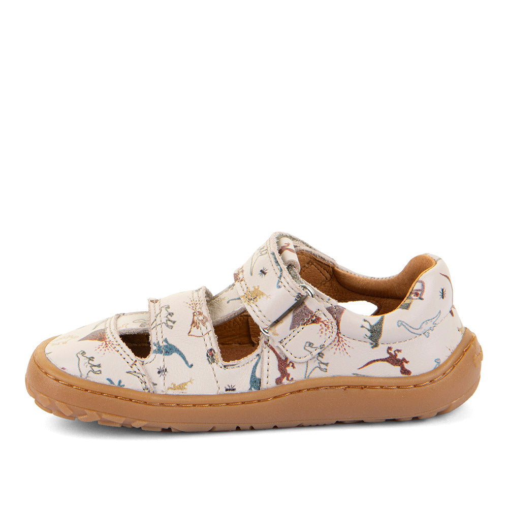 Barefoot Leather Sandals in Beige with Dinosaur Print