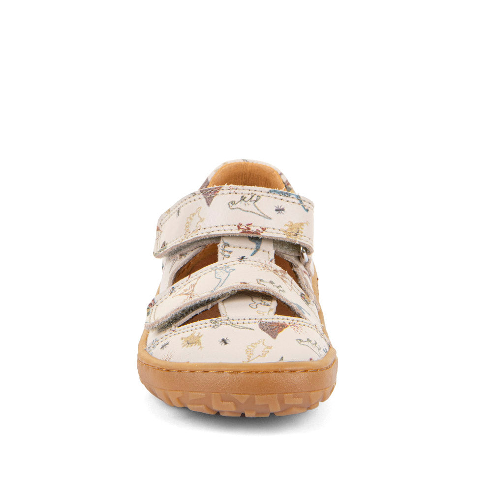 Barefoot Leather Sandals in Beige with Dinosaur Print