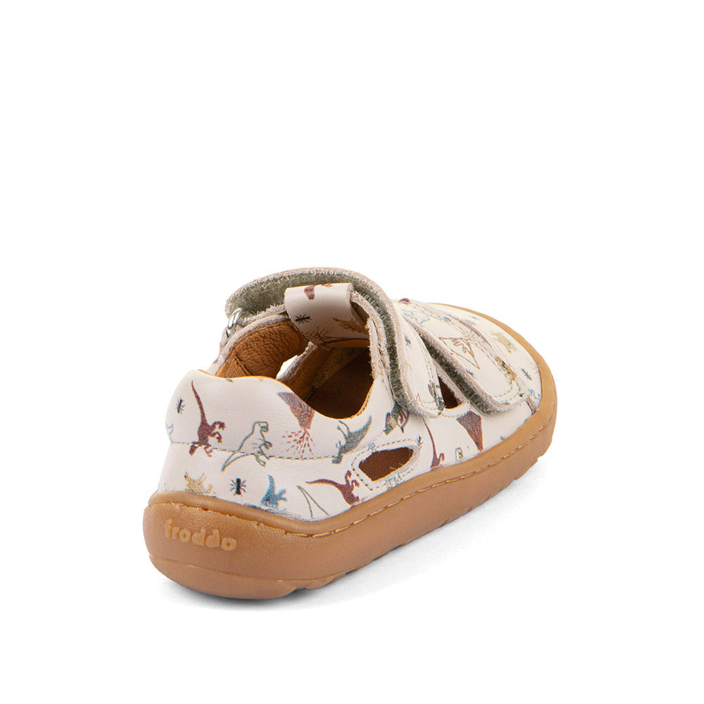 Barefoot Leather Sandals in Beige with Dinosaur Print