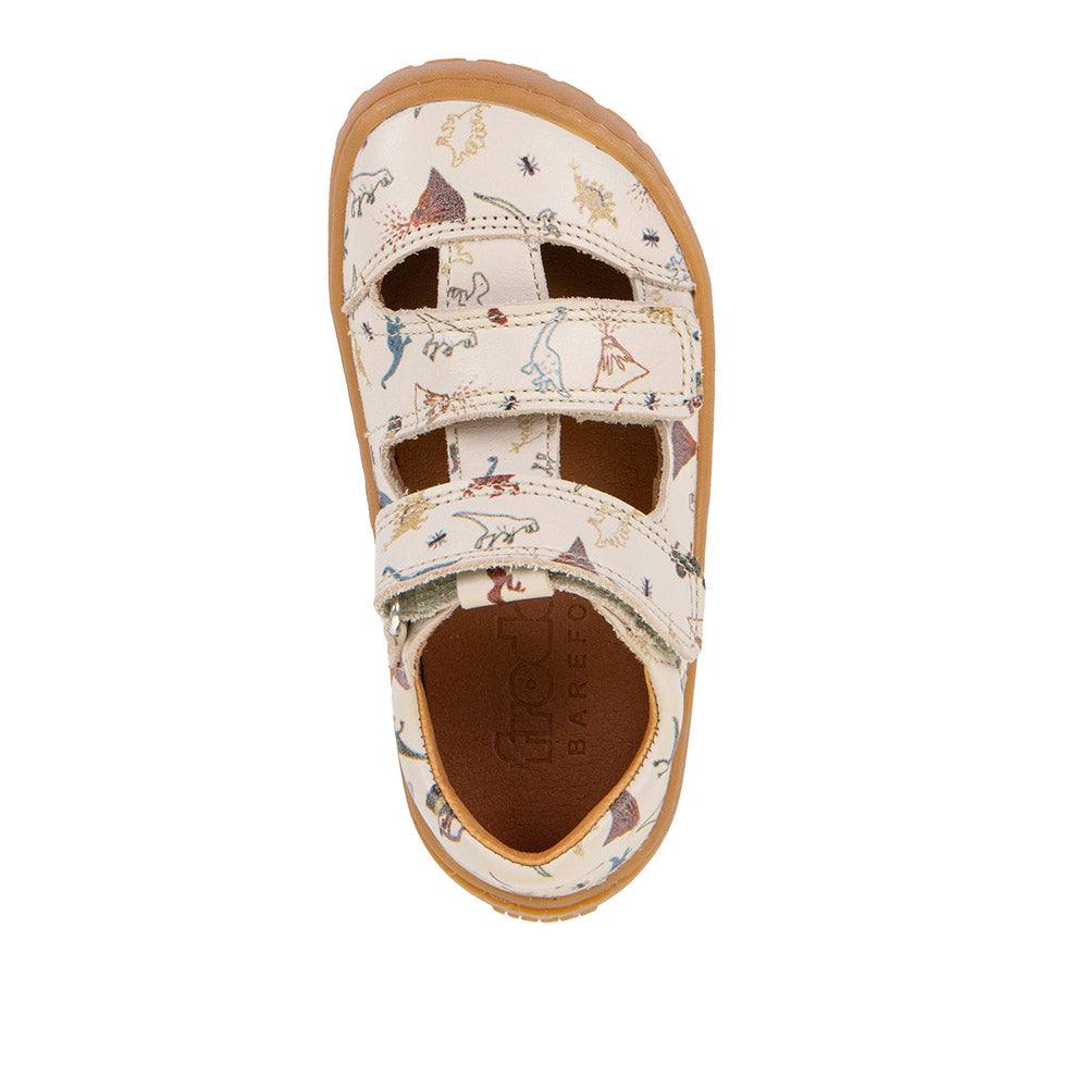 Barefoot Leather Sandals in Beige with Dinosaur Print