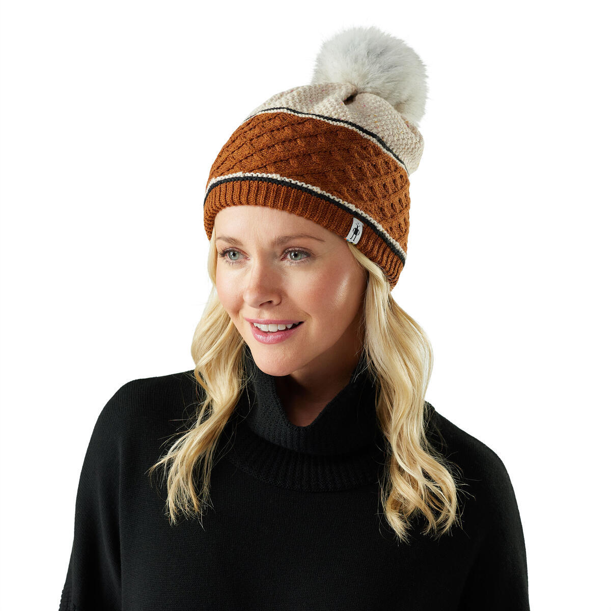 Cable Knit Colorblock Pom Beanie